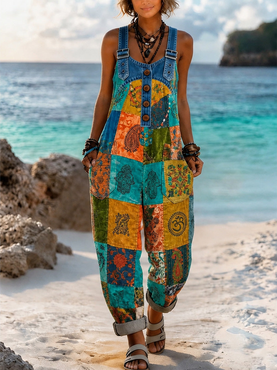Women's Retro Style Art Print Washed Cotton Denim Patchwork Jumpsuit